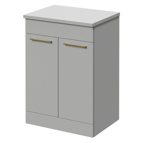 Napoli Gloss Grey Pearl 600mm Floor Standing Vanity Unit for Countertop Basins with 2 Doors and Brushed Brass Handles Right Hand View