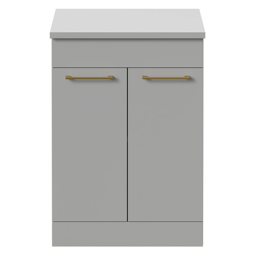 Napoli Gloss Grey Pearl 600mm Floor Standing Vanity Unit for Countertop Basins with 2 Doors and Brushed Brass Handles Front View