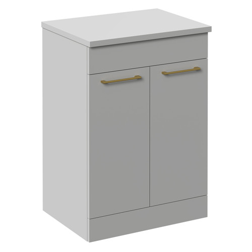 Napoli Gloss Grey Pearl 600mm Floor Standing Vanity Unit for Countertop Basins with 2 Doors and Brushed Brass Handles Left Hand View