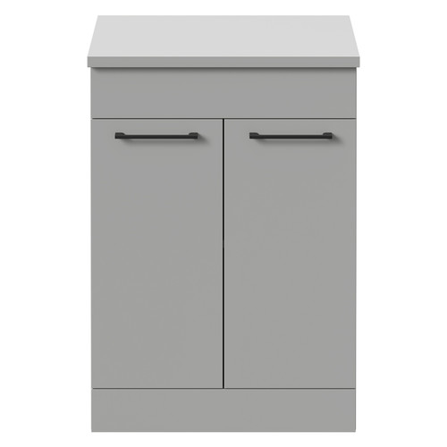 Napoli Gloss Grey Pearl 600mm Floor Standing Vanity Unit for Countertop Basins with 2 Doors and Matt Black Handles Front View