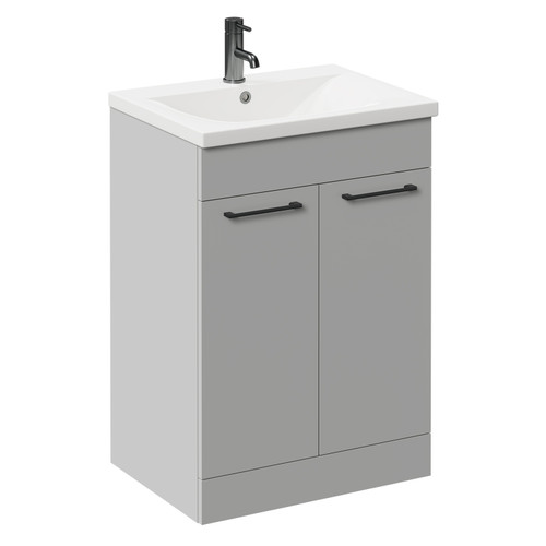 Napoli Gloss Grey Pearl 600mm Floor Standing Vanity Unit with 1 Tap Hole Basin and 2 Doors with Gunmetal Grey Handles Left Hand View