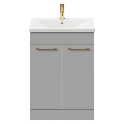 Napoli Gloss Grey Pearl 600mm Floor Standing Vanity Unit with 1 Tap Hole Basin and 2 Doors with Brushed Brass Handles Front View