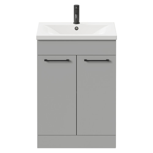 Napoli Gloss Grey Pearl 600mm Floor Standing Vanity Unit with 1 Tap Hole Basin and 2 Doors with Matt Black Handles Front View