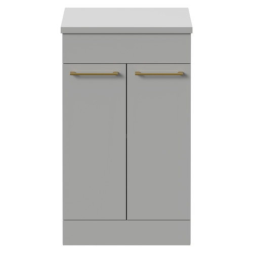 Napoli Gloss Grey Pearl 500mm Floor Standing Vanity Unit for Countertop Basins with 2 Doors and Brushed Brass Handles Front View