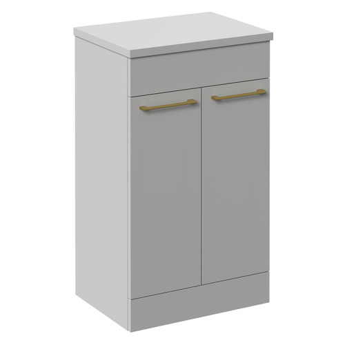 Napoli Gloss Grey Pearl 500mm Floor Standing Vanity Unit for Countertop Basins with 2 Doors and Brushed Brass Handles Left Hand View