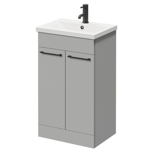 Napoli Gloss Grey Pearl 500mm Floor Standing Vanity Unit with 1 Tap Hole Basin and 2 Doors with Matt Black Handles Right Hand View