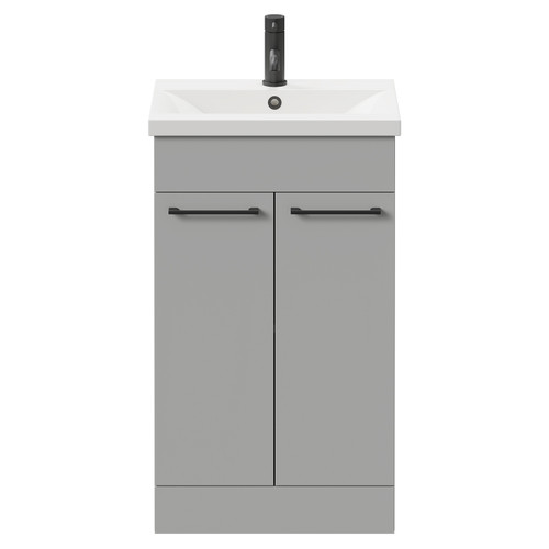 Napoli Gloss Grey Pearl 500mm Floor Standing Vanity Unit with 1 Tap Hole Basin and 2 Doors with Matt Black Handles Front View