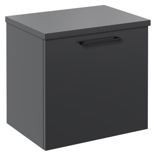 Napoli Gloss Grey 500mm Wall Mounted Vanity Unit for Countertop Basins with Single Drawer and Gunmetal Grey Handle Left Hand View