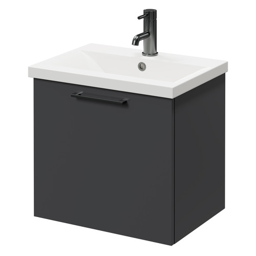 Napoli Gloss Grey 500mm Wall Mounted Vanity Unit with 1 Tap Hole Basin and Single Drawer with Gunmetal Grey Handle Right Hand View