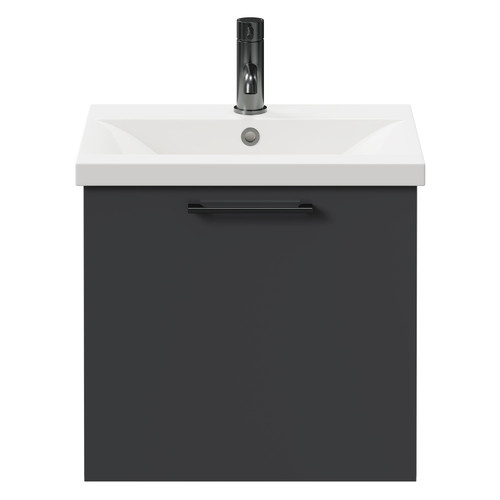 Napoli Gloss Grey 500mm Wall Mounted Vanity Unit with 1 Tap Hole Basin and Single Drawer with Gunmetal Grey Handle Front View