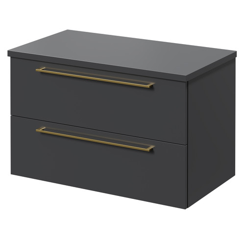 Napoli Gloss Grey 800mm Wall Mounted Vanity Unit for Countertop Basins with 2 Drawers and Brushed Brass Handles Right Hand View