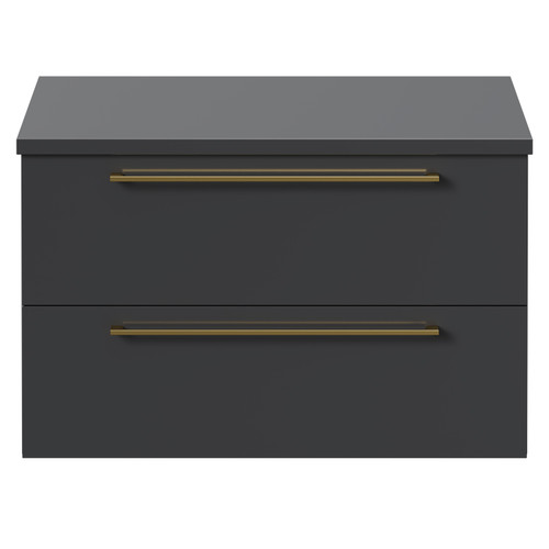 Napoli Gloss Grey 800mm Wall Mounted Vanity Unit for Countertop Basins with 2 Drawers and Brushed Brass Handles Front View