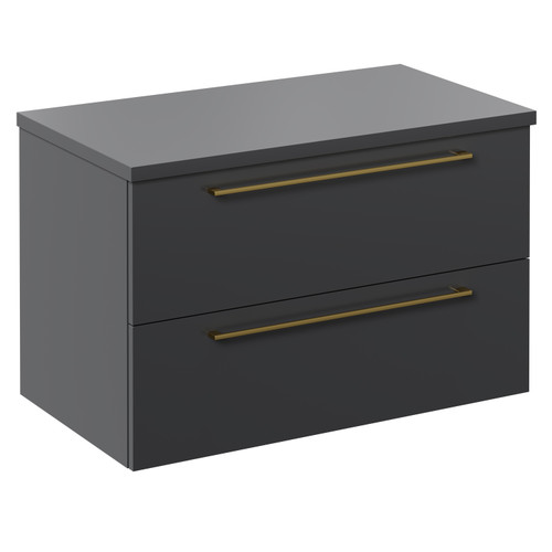 Napoli Gloss Grey 800mm Wall Mounted Vanity Unit for Countertop Basins with 2 Drawers and Brushed Brass Handles Left Hand View