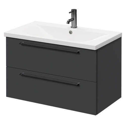 Napoli Gloss Grey 800mm Wall Mounted Vanity Unit with 1 Tap Hole Basin and 2 Drawers with Gunmetal Grey Handles Right Hand View