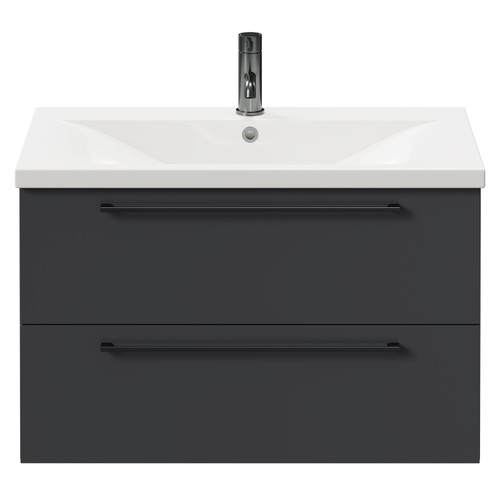 Napoli Gloss Grey 800mm Wall Mounted Vanity Unit with 1 Tap Hole Basin and 2 Drawers with Gunmetal Grey Handles Front View