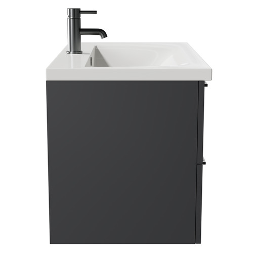 Napoli Gloss Grey 800mm Wall Mounted Vanity Unit with 1 Tap Hole Basin and 2 Drawers with Gunmetal Grey Handles Side View