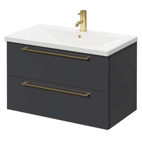 Napoli Gloss Grey 800mm Wall Mounted Vanity Unit with 1 Tap Hole Basin and 2 Drawers with Brushed Brass Handles Right Hand View