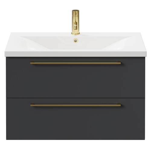 Napoli Gloss Grey 800mm Wall Mounted Vanity Unit with 1 Tap Hole Basin and 2 Drawers with Brushed Brass Handles Front View