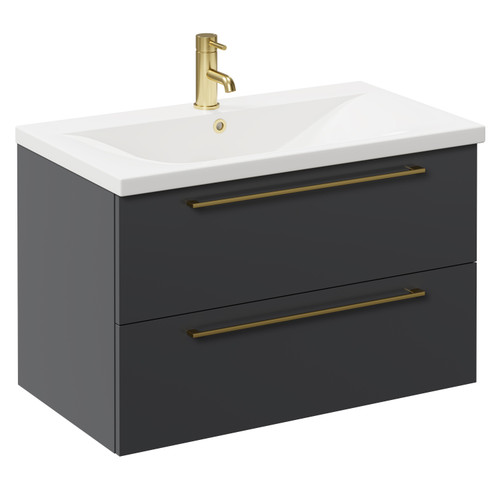Napoli Gloss Grey 800mm Wall Mounted Vanity Unit with 1 Tap Hole Basin and 2 Drawers with Brushed Brass Handles Left Hand View