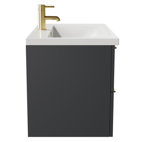 Napoli Gloss Grey 800mm Wall Mounted Vanity Unit with 1 Tap Hole Basin and 2 Drawers with Brushed Brass Handles Side View