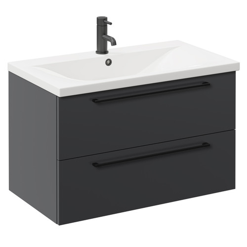 Napoli Gloss Grey 800mm Wall Mounted Vanity Unit with 1 Tap Hole Basin and 2 Drawers with Matt Black Handles Left Hand View