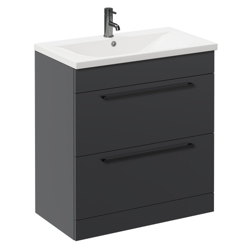 Napoli Gloss Grey 800mm Floor Standing Vanity Unit with 1 Tap Hole Basin and 2 Drawers with Gunmetal Grey Handles Left Hand View