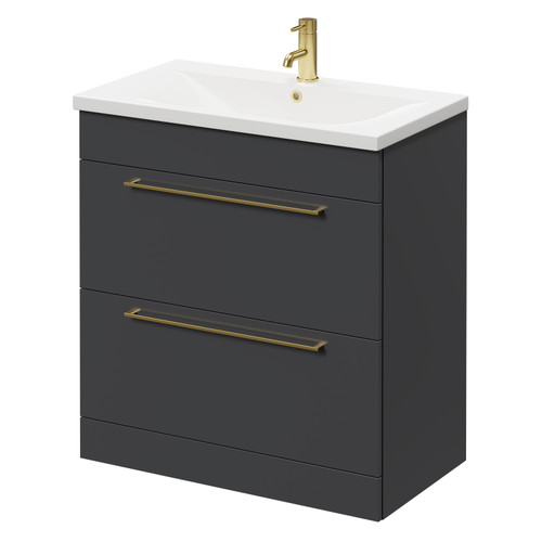 Napoli Gloss Grey 800mm Floor Standing Vanity Unit with 1 Tap Hole Basin and 2 Drawers with Brushed Brass Handles Right Hand View