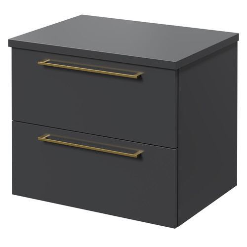 Napoli Gloss Grey 600mm Wall Mounted Vanity Unit for Countertop Basins with 2 Drawers and Brushed Brass Handles Right Hand View