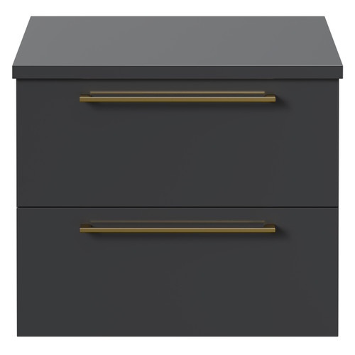 Napoli Gloss Grey 600mm Wall Mounted Vanity Unit for Countertop Basins with 2 Drawers and Brushed Brass Handles Front View