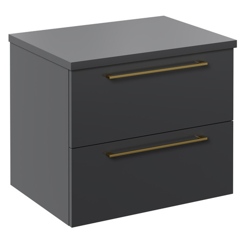 Napoli Gloss Grey 600mm Wall Mounted Vanity Unit for Countertop Basins with 2 Drawers and Brushed Brass Handles Left Hand View