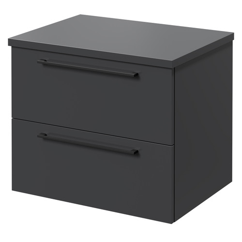 Napoli Gloss Grey 600mm Wall Mounted Vanity Unit for Countertop Basins with 2 Drawers and Matt Black Handles Right Hand View