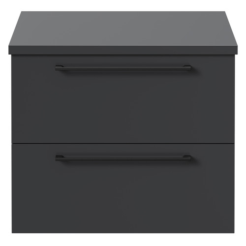 Napoli Gloss Grey 600mm Wall Mounted Vanity Unit for Countertop Basins with 2 Drawers and Matt Black Handles Front View