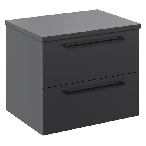 Napoli Gloss Grey 600mm Wall Mounted Vanity Unit for Countertop Basins with 2 Drawers and Matt Black Handles Left Hand View