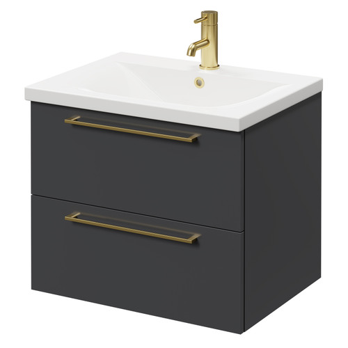 Napoli Gloss Grey 600mm Wall Mounted Vanity Unit with 1 Tap Hole Basin and 2 Drawers with Brushed Brass Handles Right Hand View