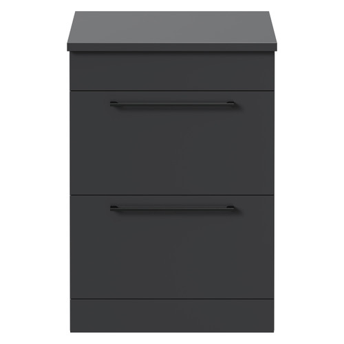 Napoli Gloss Grey 600mm Floor Standing Vanity Unit for Countertop Basins with 2 Drawers and Gunmetal Grey Handles Front View