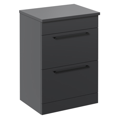 Napoli Gloss Grey 600mm Floor Standing Vanity Unit for Countertop Basins with 2 Drawers and Gunmetal Grey Handles Left Hand View