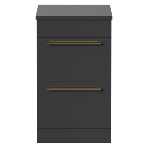 Napoli Gloss Grey 500mm Floor Standing Vanity Unit for Countertop Basins with 2 Drawers and Brushed Brass Handles Front View