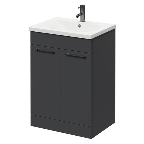 Napoli Gloss Grey 600mm Floor Standing Vanity Unit with 1 Tap Hole Basin and 2 Doors with Gunmetal Grey Handles Right Hand View