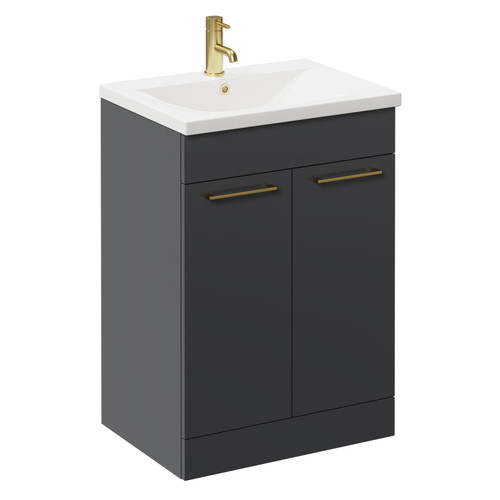 Napoli Gloss Grey 600mm Floor Standing Vanity Unit with 1 Tap Hole Basin and 2 Doors with Brushed Brass Handles Left Hand View