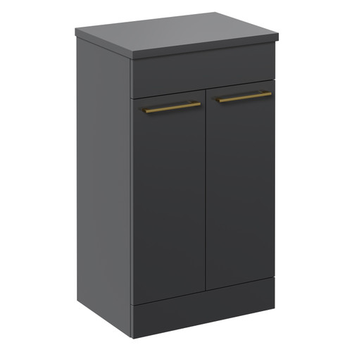 Napoli Gloss Grey 500mm Floor Standing Vanity Unit for Countertop Basins with 2 Doors and Brushed Brass Handles Left Hand View