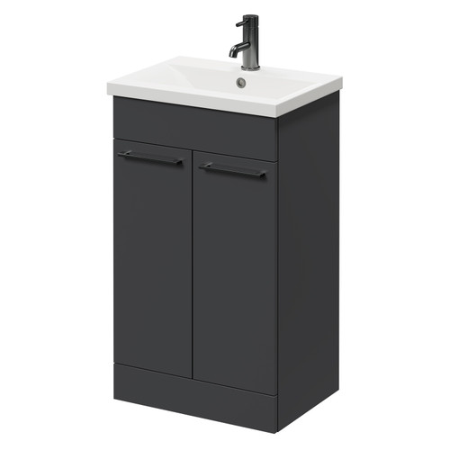 Napoli Gloss Grey 500mm Floor Standing Vanity Unit with 1 Tap Hole Basin and 2 Doors with Gunmetal Grey Handles Right Hand View