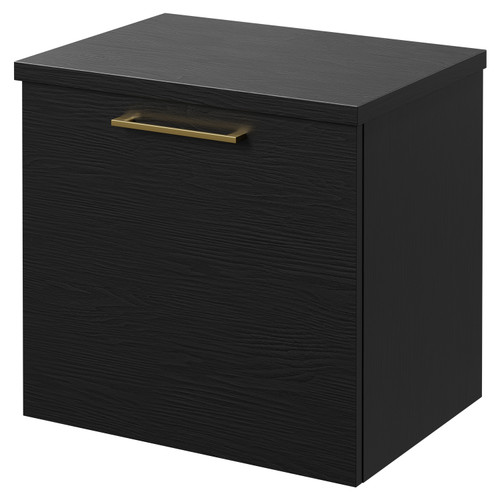Napoli Nero Oak 500mm Wall Mounted Vanity Unit for Countertop Basins with Single Drawer and Brushed Brass Handle Right Hand View