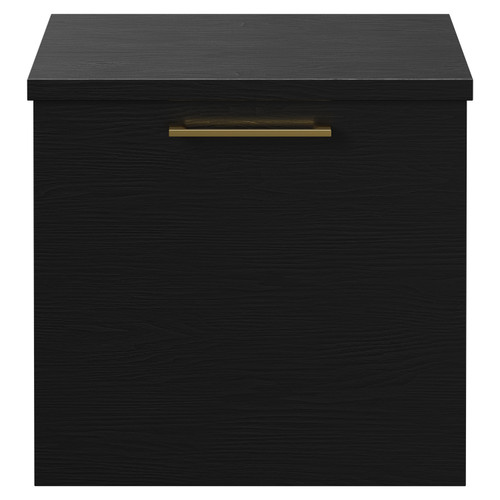 Napoli Nero Oak 500mm Wall Mounted Vanity Unit for Countertop Basins with Single Drawer and Brushed Brass Handle Front View