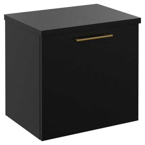 Napoli Nero Oak 500mm Wall Mounted Vanity Unit for Countertop Basins with Single Drawer and Brushed Brass Handle Left Hand View