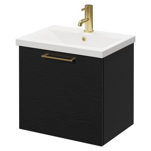 Napoli Nero Oak 500mm Wall Mounted Vanity Unit with 1 Tap Hole Basin and Single Drawer with Brushed Brass Handle Right Hand View