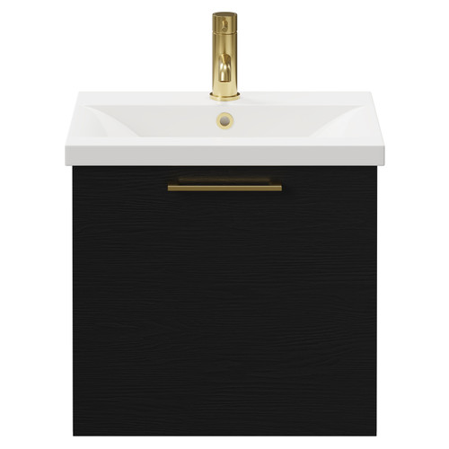 Napoli Nero Oak 500mm Wall Mounted Vanity Unit with 1 Tap Hole Basin and Single Drawer with Brushed Brass Handle Front View