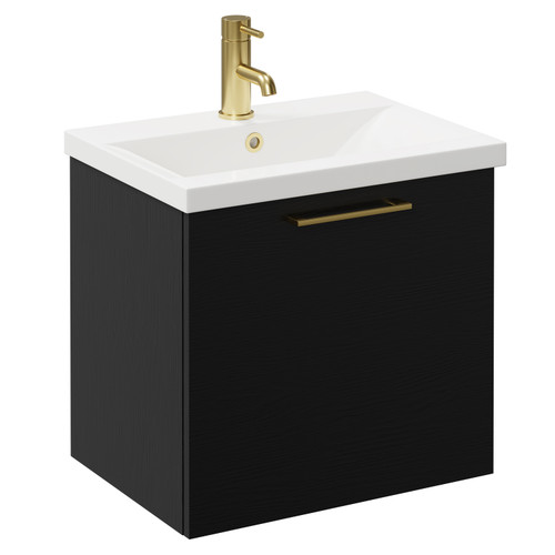 Napoli Nero Oak 500mm Wall Mounted Vanity Unit with 1 Tap Hole Basin and Single Drawer with Brushed Brass Handle Left Hand View