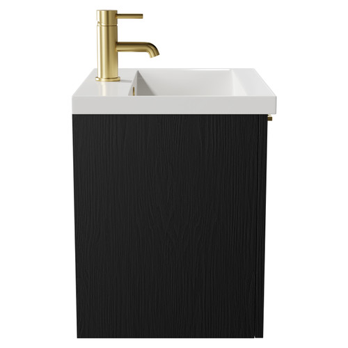 Napoli Nero Oak 500mm Wall Mounted Vanity Unit with 1 Tap Hole Basin and Single Drawer with Brushed Brass Handle Side View
