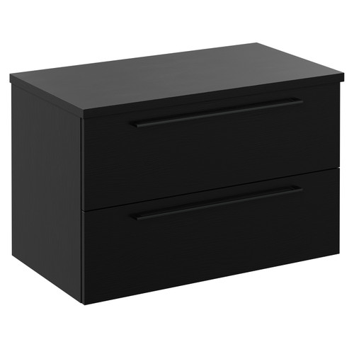 Napoli Nero Oak 800mm Wall Mounted Vanity Unit for Countertop Basins with 2 Drawers and Gunmetal Grey Handles Left Hand View
