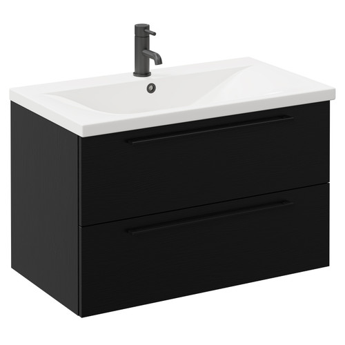 Napoli Nero Oak 800mm Wall Mounted Vanity Unit with 1 Tap Hole Basin and 2 Drawers with Matt Black Handles Left Hand View